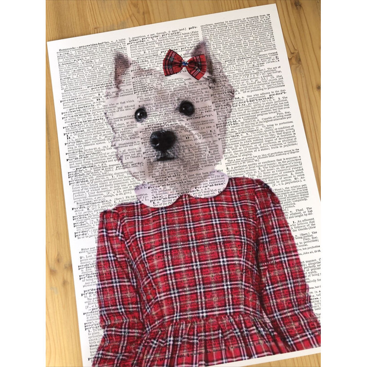 Maturi A3 Westie Print Dog Portrait Wearing Red Tartan Dress Girl